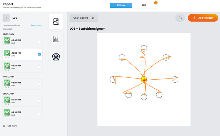 A list of previous sessions is listed to the left. To the right, the clinician has several options to customize the PDF report. So far, the example report is showing the statokinesigram referenced to in Figure 1.