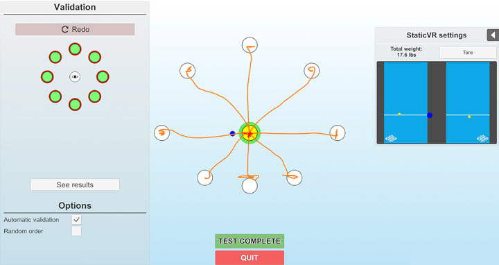 The software is showing a completed LOS assessment. The patient has managed to reach all eight positions in a straight fashion. The eight positions are as follows: straight forward, forward to the right, straight right, backward to the right, straight backward, backward to the left, straight left, and forward to the left.