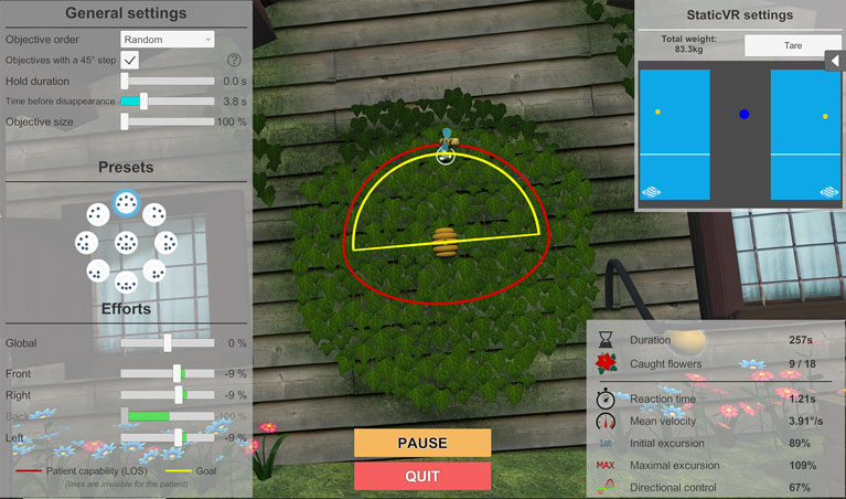 The software is displaying a honeycomb and a bee, with the patient having to lean in various directions to get the bee to fly and catch flowers. A yellow line is displaying the goal radius, and a red line is displaying the patient’s capability. The following general settings are available. Objective order is set to random. Objectives with a 45-degree step is ticked. Hold duration is set to 0.0 seconds but can be increased with a slider. Time before disappearance is set to 3.8 seconds but can be decreased or increased with a slider. Objective size is set to 100% but can be increased with a slider. The following efforts are available. Global is set to 0% but can be decreased or increased with a slider. Front is set to minus 9% but can be decreased or increased with a slider. Right is set to minus 9% but can be decreased or increased with a slider. Back is set to minus 100% but can be decreased or increased with a slider. Left is set to minus 9% but can be decreased or increased with a slider. The software is displaying the following results in real-time. Duration is 257 seconds. Caught flowers is 9 out of 18. Reaction time is 1.21 seconds. Mean velocity is 3.91 degrees per second. Initial excursion is 89%. Maximal excursion is 109%. Directional control is 67%. Finally, the clinician has the options to either pause or quit the session.