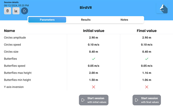 The software is displaying the initial and final values for the following parameters: Circles amplitude, Circles speed, Circles size, Butterflies, Butterflies speed, Butterflies max height, Butterflies min height, and Y axis inversion. The clinician can choose to start a new session with the previous initial values or the previous final values.