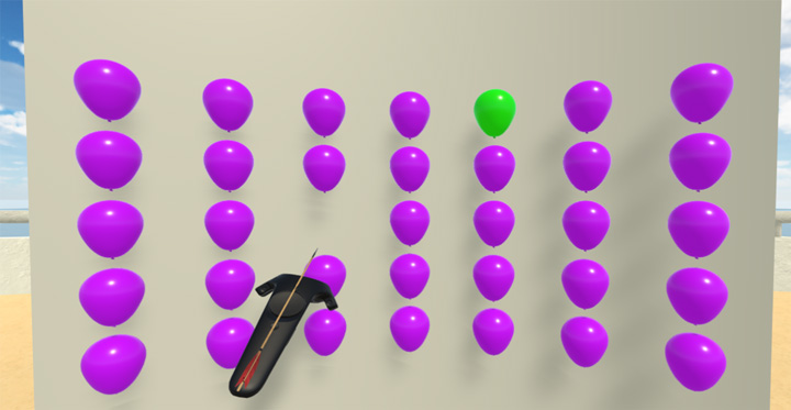 A series of purple balloons in seven columns and five rows are displayed for the patient. One of the balloons is green. This is the balloon the patient should pop with an arrow that they can move around with their VR controller.