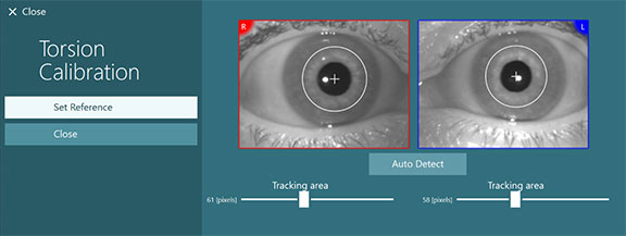 Images of right and left eyes. For both eyes, a small cross is at the center of the pupil, encircled by a white circle. The tracking area for the right eye is 61 pixels, and 58 pixels for the left eye. A button is available labeled 'Auto Detect'. To the left there are two options available: set reference and close.