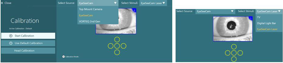 Source options, including top mount camera, eyeseecam, and vorteq second gen. Stimulus options, including TV, digital light bar, and eyeseecam laser.