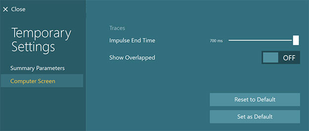 Computer screen options for traces, including the following: impulse end time, which is set to 700 ms, using a slider. And show overlapped, which is set to OFF. Two buttons are also available to reset values to default and to set values as default.