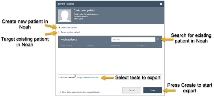 Below the patient selection options, the user can change selected sessions and then either press ‘cancel’ or ‘create’.